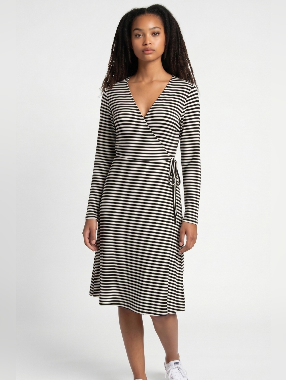 Old Navy Black and White Striped Faux Wrap Dress